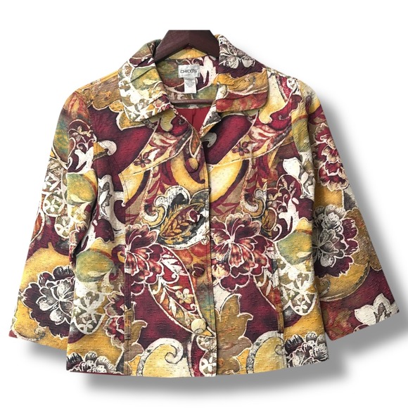 Chico's Floral‎ Brocade Jacket S Tapestry Print Cotton Silk Blend Statement Coat - Picture 1 of 7
